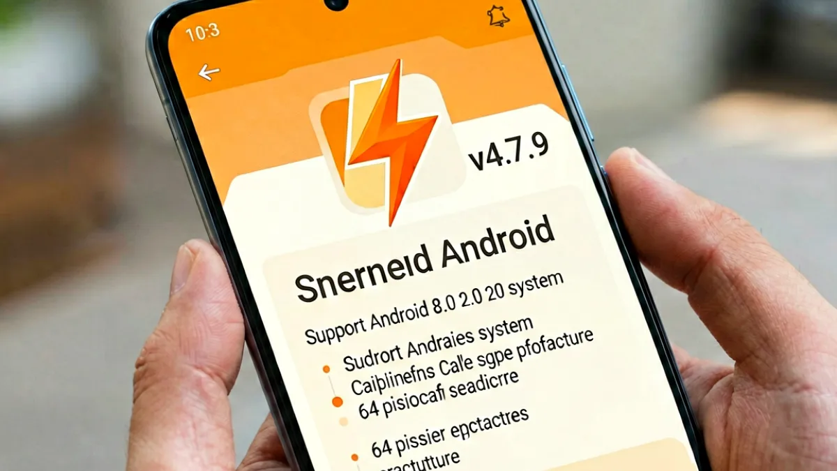 雷霆加速器 Android 安装包界面，展示应用图标与版本号信息，界面左侧为橙色闪电 Logo，右侧列出支持安卓 8.0 及以上系统及 64 位架构的说明文字